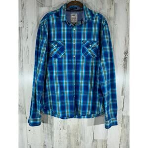 Cactus Mens‎ New York Shirt Medium Turquoise Blue Plaid Pearl Snap 100% Cotton